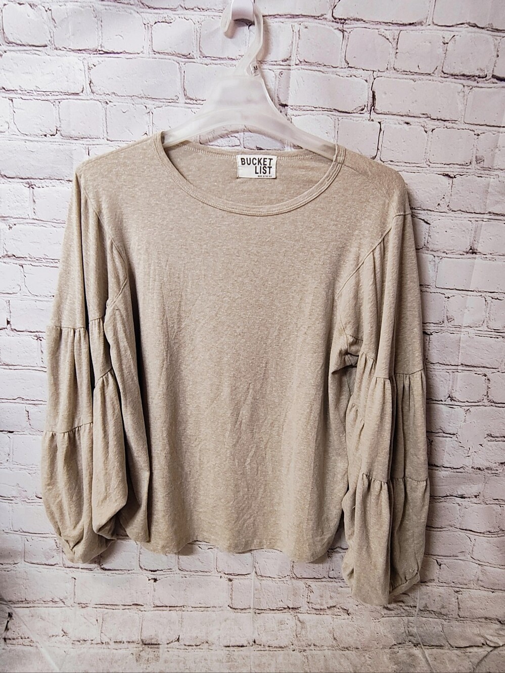 Bucket List Puff Flared Sleeve Boho Tunic Beige Top Large